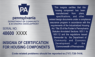 Pennsylvania Insignia for Industrialized Housing Component