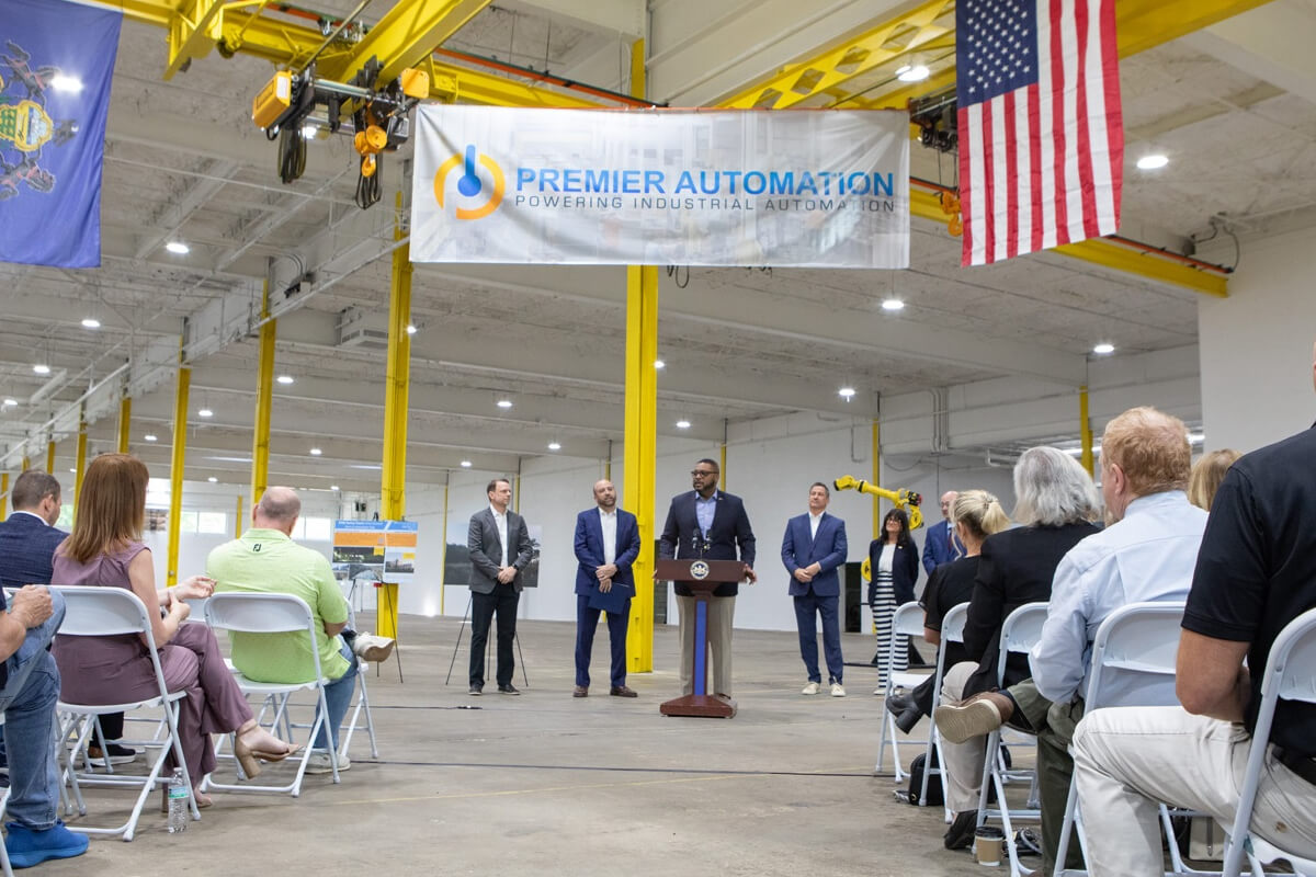 Pennsylvania Lieutenant Governor Austin Davis speaking from a podium at Premier Automation