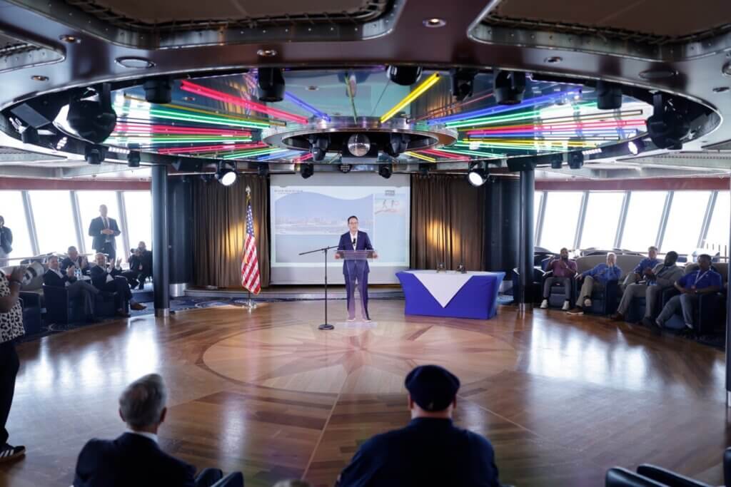 Governor Josh Shapiro speaking at a podium, celebrated the inaugural call of Norwegian Cruise Line (NCL)’s cruise ship, the Norwegian Jewel, at the Port of Philadelphia